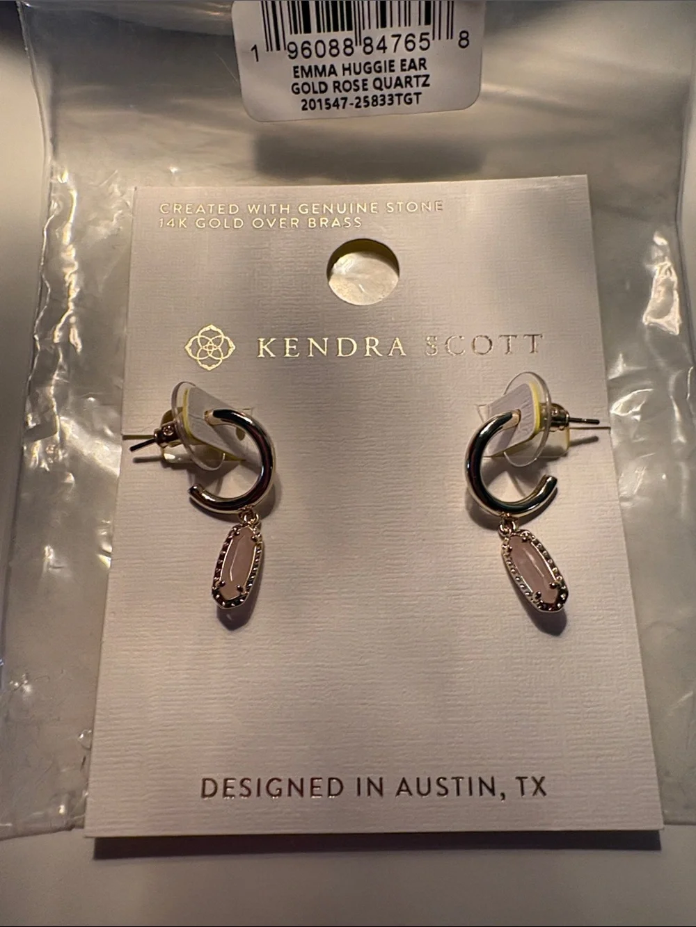 Kendra Scott Emma Huggie earrings Gold Rose Quartz new